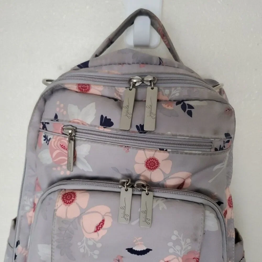 JuJuBe Be Right Back Multi-Function Diaper Backpack Floral Gray Multi Zip Pocket